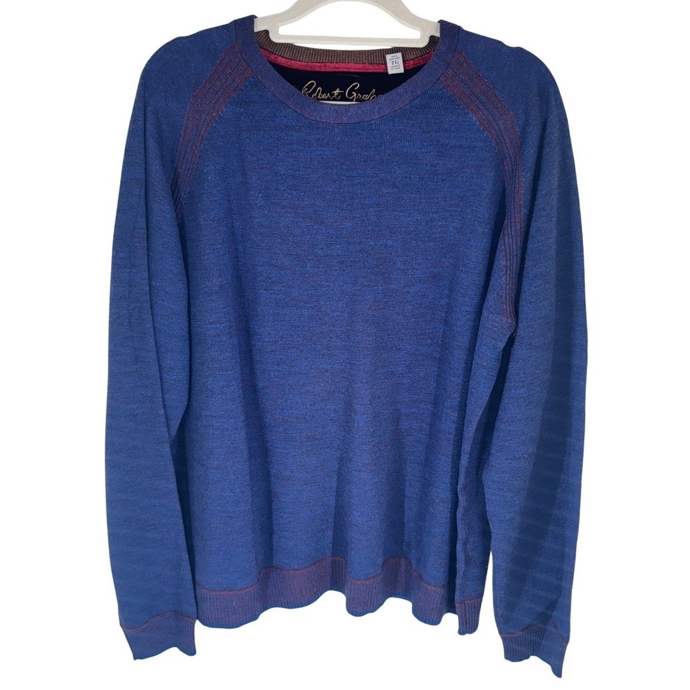 Robert Graham Sweater‎ Men's XL Blue Crew Neck Red Trim Classic Fit EUC Preppy